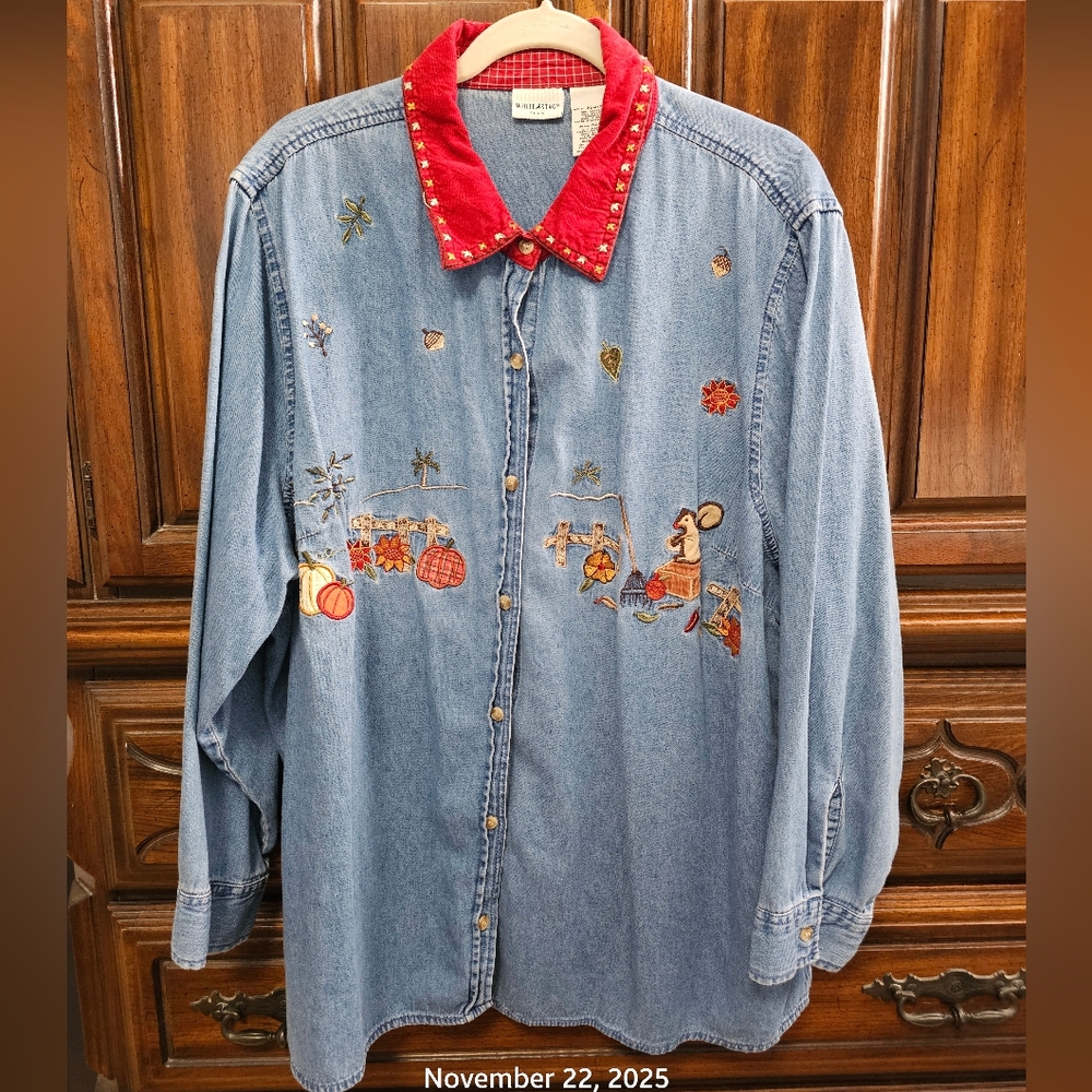 White Stag Plus Fall Embroidered Denim Button Front Shirt Womens 22W-24 Long Slv